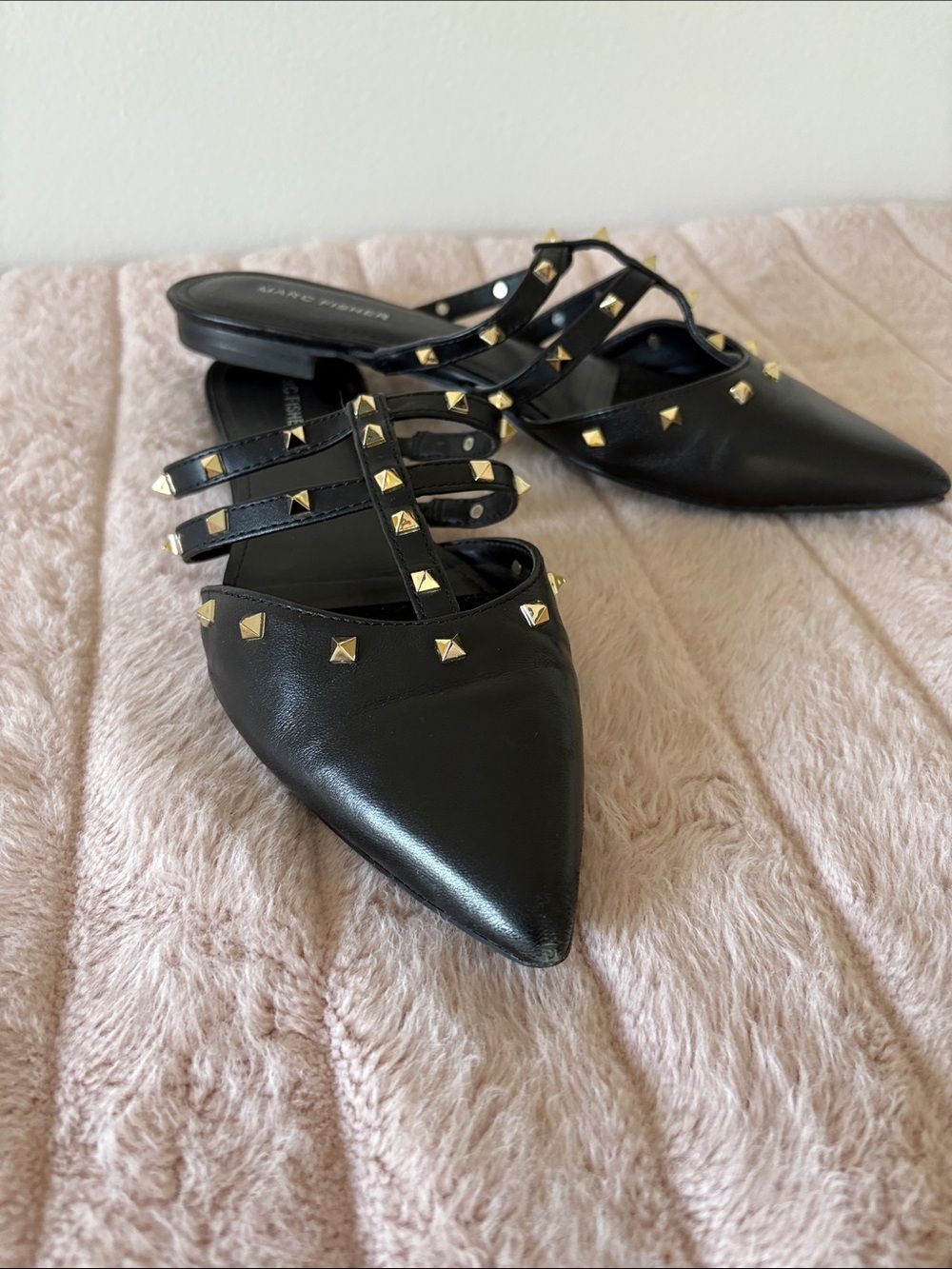Marc Fisher Black Pointed-Toe Studded Triple-Strap Mule